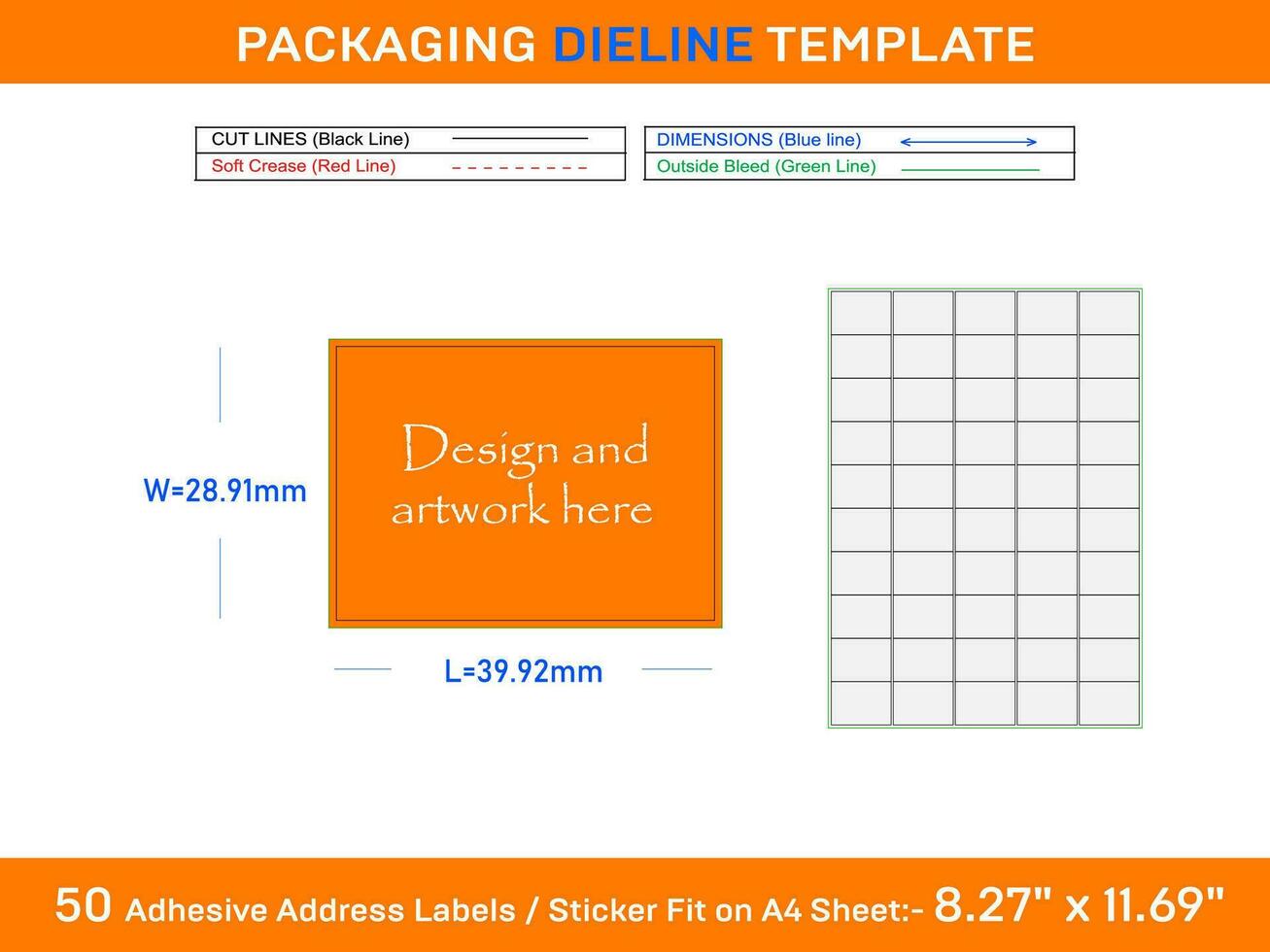 50 Adhesive Address Labels Dieline Template 39.92 x 28.91mm vector