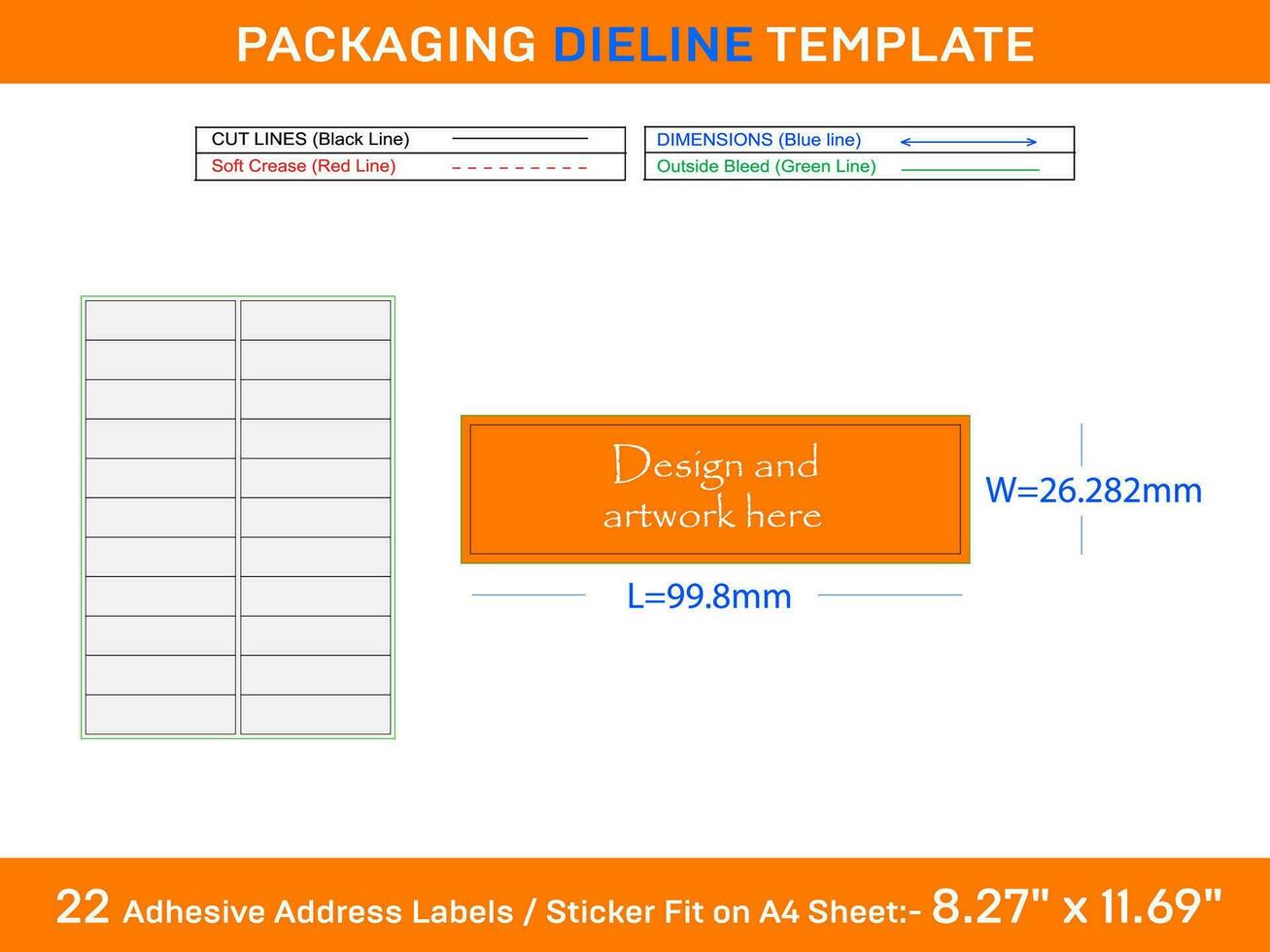 22 Adhesive Address Labels Dieline Template 99.8 x 26.282mm vector