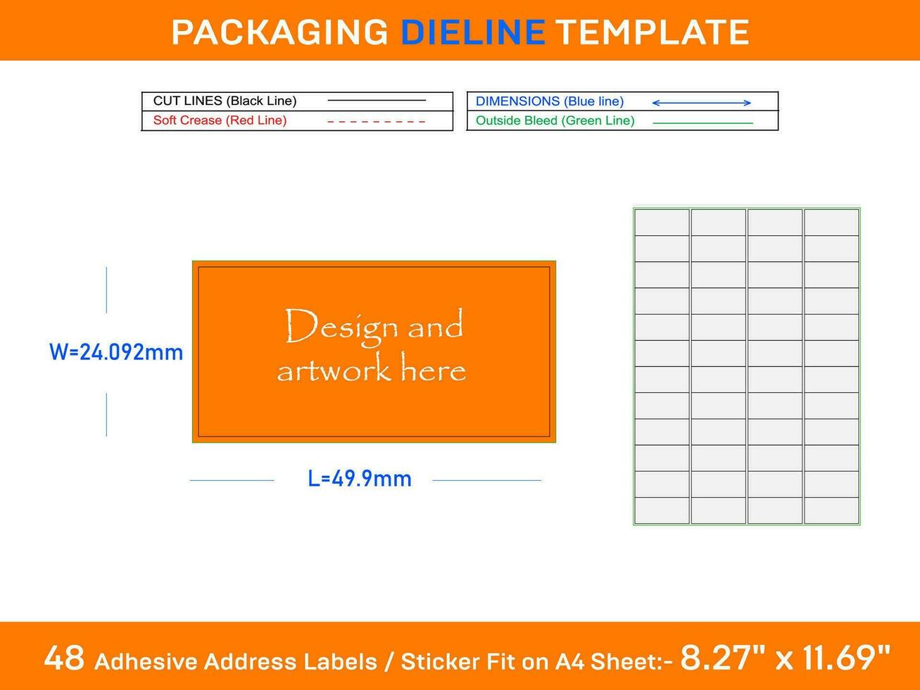 48 Adhesive Address Labels Dieline Template 49.9 x 24.092mm vector