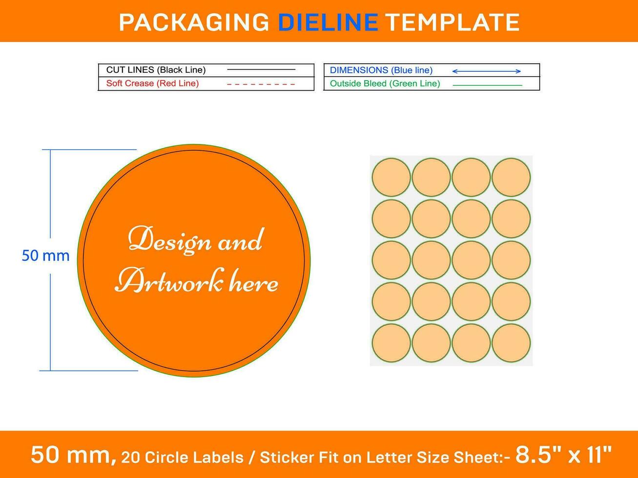 20pcs 50 mm CIRCLE or ROUND label sticker dieline template in Letter page vector