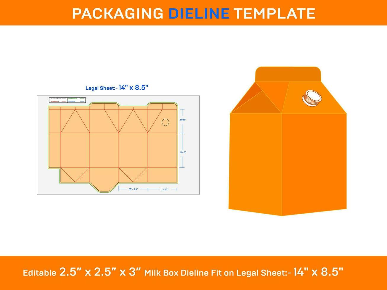 Leche caja de cartón caja, dieline plantilla,2.5x2.5x3 techo svg, ai, eps, pdf, dxf, jpg, png vector