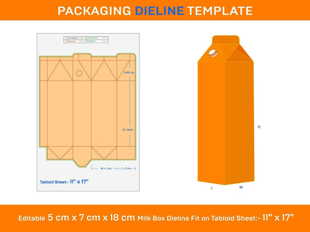 Milk Box, Dieline Temolate, 5x7x18 cm, vector