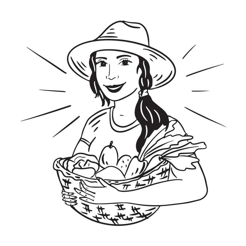 granjero niña con un cesta de vegetales y frutas en su manos.vector ilustracion.agricultura industria vector