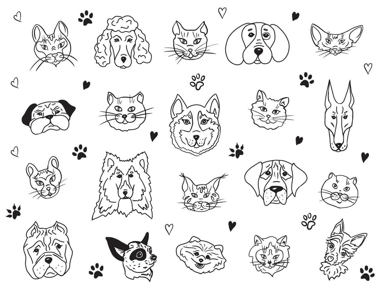 Set of portraits of pets. Heads of cats and dogs of different breeds.Cats and dogs together.Vector illustration.Drawn in doodle style. vector