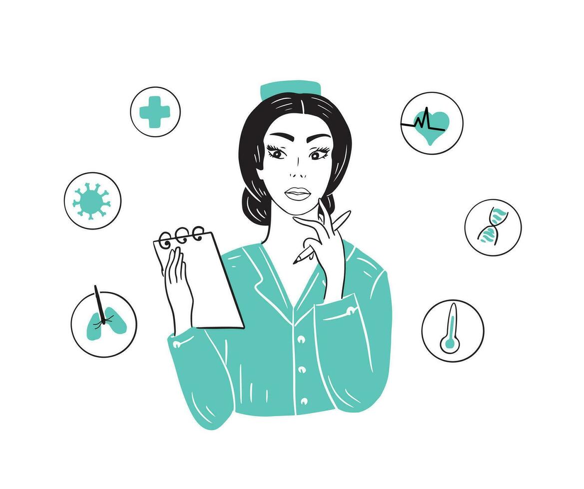 The girl doctor holds a pen and a folder and decides which diagnosis to make.Vector illustration. vector