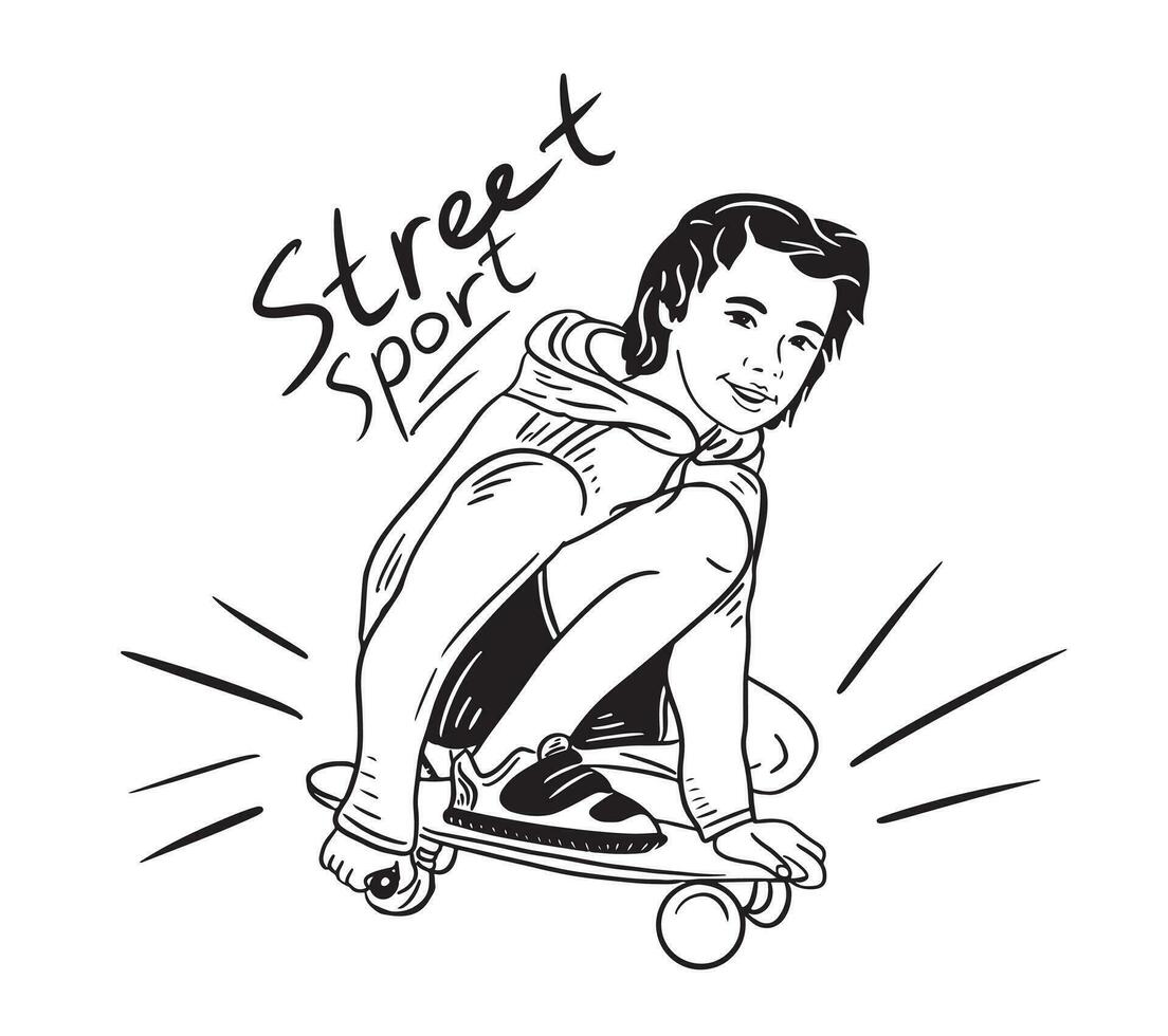 Teen boy on a skateboard.Street sport.Skateboarding.Vecrtor illustration.Image drawn by hand in doodle. vector