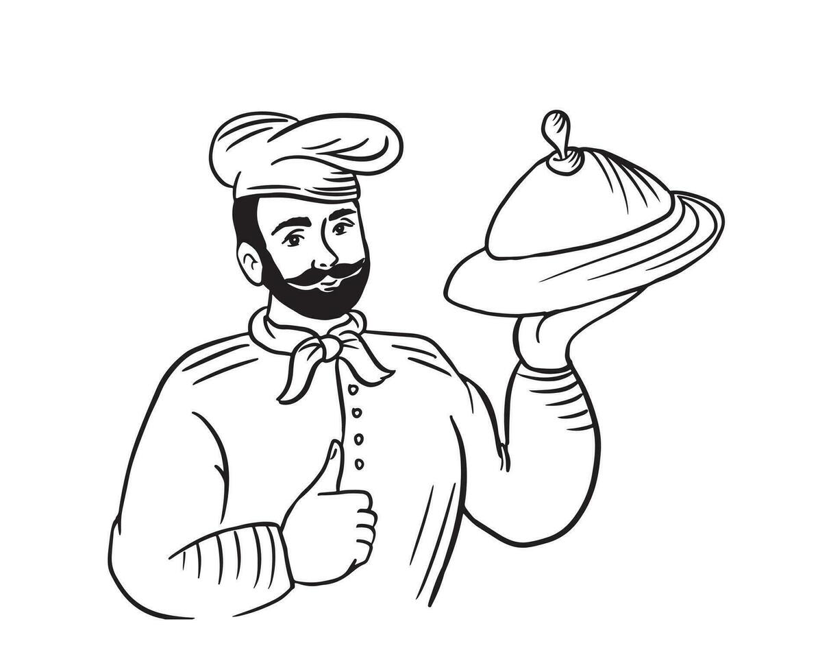 Smiling chef cook with beard holding dish and showing thumbs up. Vector illustration.