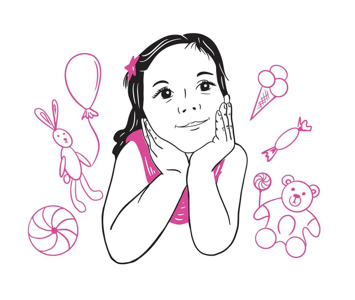 el cara de un pequeño niña con un conjunto de juguetes y dulces.juguete almacenar. vector ilustración