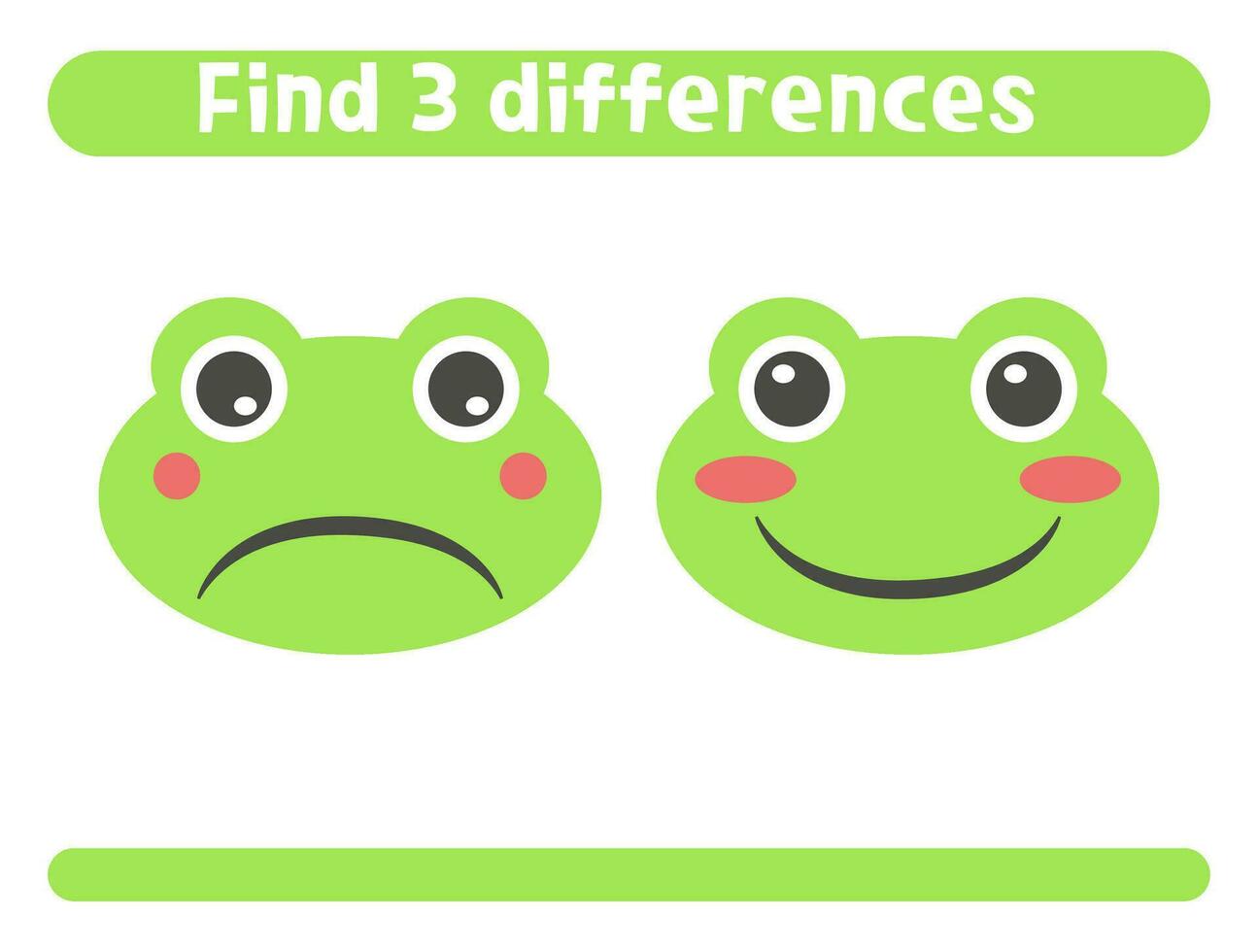 encontrar Tres diferencias linda verde rana. hoja de cálculo para niños. vector