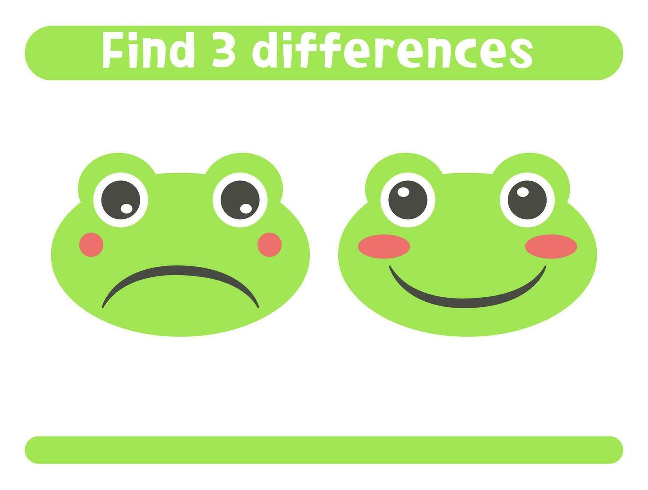 Find three differences. Cute green frog. Worksheet for kids. vector