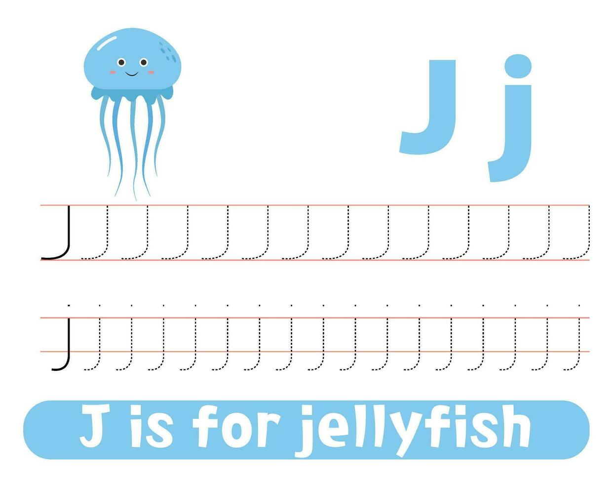 Tracing alphabet letter J with cute jellyfish. Worksheet for children. vector