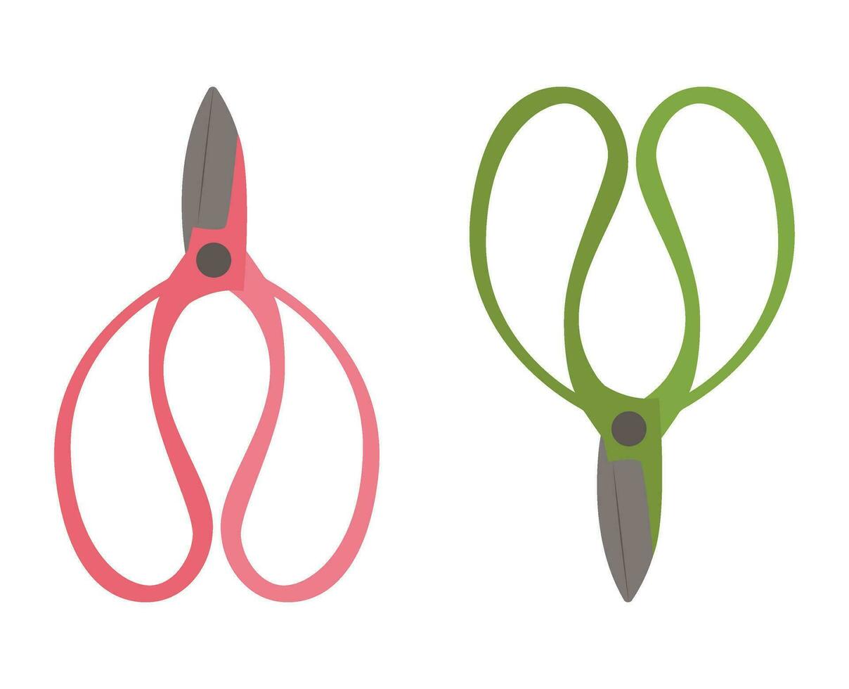 Two gardening scissors in pink and green colors. vector