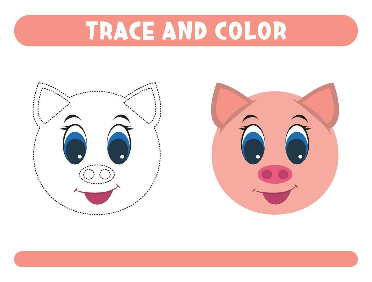 Trace and color cute pig. Worksheet for kids vector