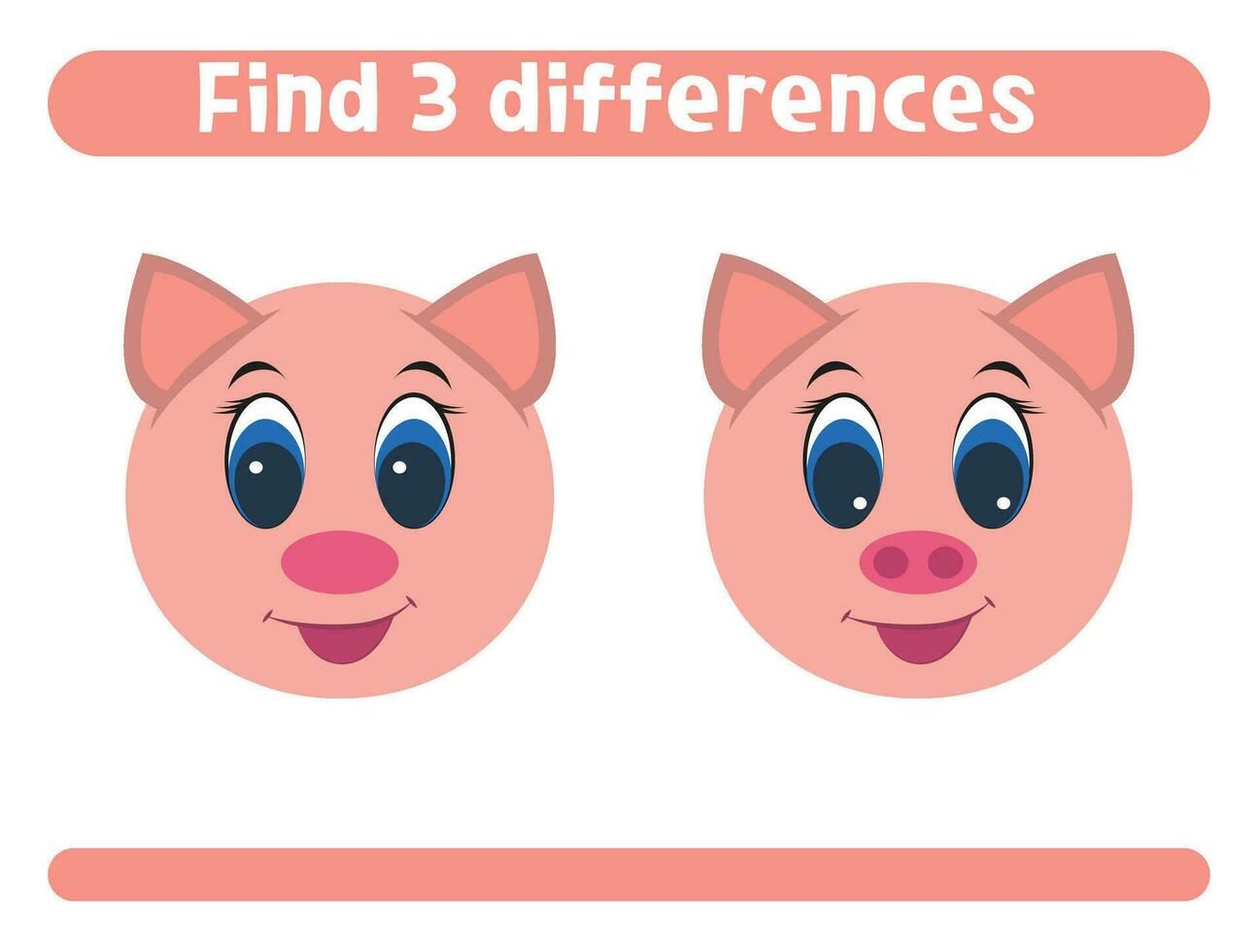 Find three differences Cute cartoon pig Worksheet for kids vector