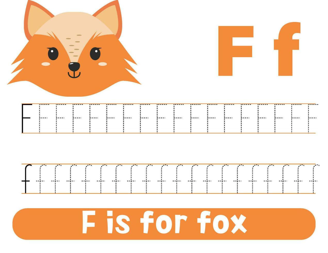 Tracing alphabet letter F with cute fox. Worksheet for children. vector