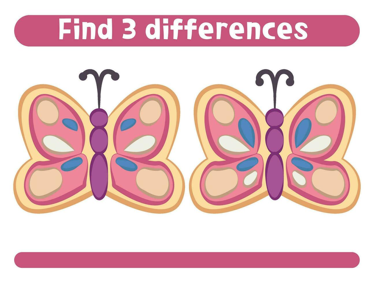 Find three differences Cute cartoon butterfly Worksheet for kids vector