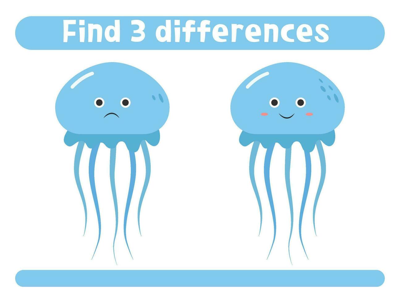 Find three differences Cute cartoon jellyfish Worksheet for kids vector