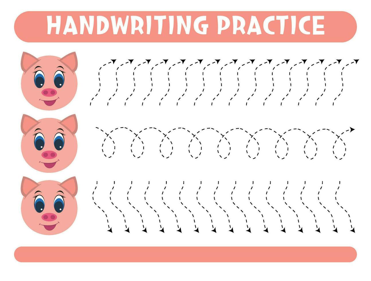 Tracing lines with cute pig. Handwriting practice. vector