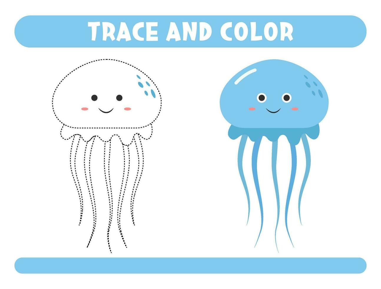 Trace and color cute jellyfish. Worksheet for kids vector