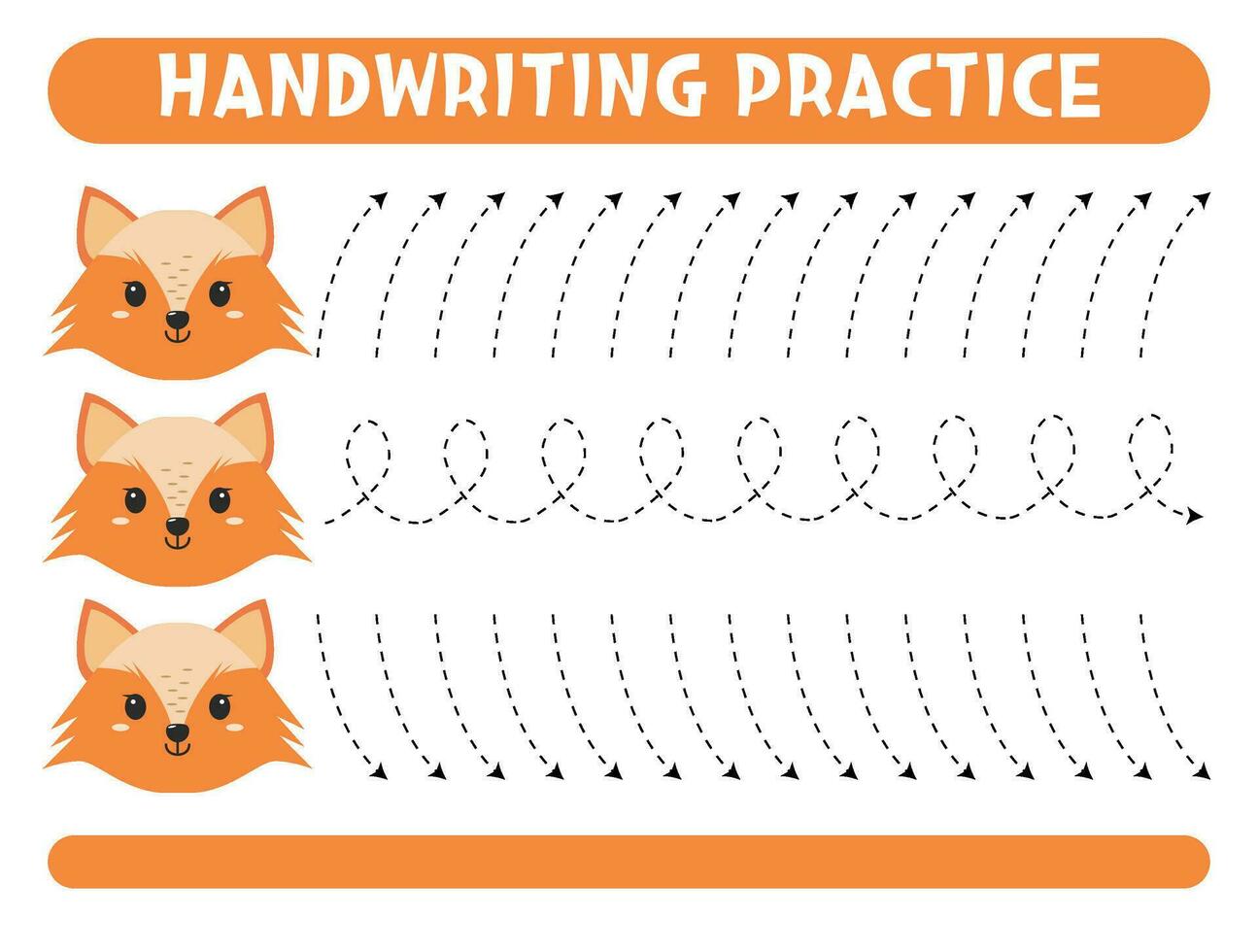 Tracing lines with cute fox. Handwriting practice. vector