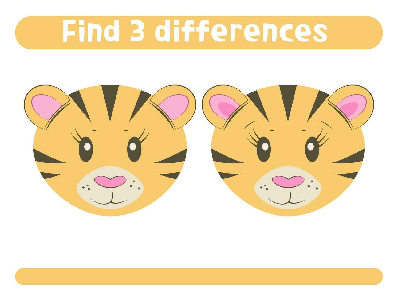 Find three differences Cute tiger Worksheet for kids vector