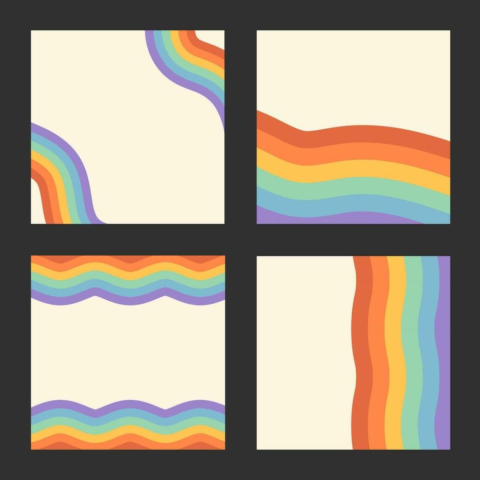 Vector set of retro backgrounds with rainbow colored stripes and copy space. Abstract groovy banners for LGBT pride month. Flyer template, social media post. Collection of cards for the pride month