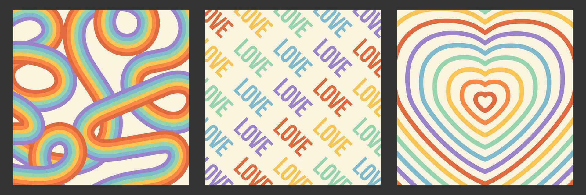 Rainbow colorful abstract square banners set. Funky backgrounds for LGBT pride month. Retro groovy social media post template vector