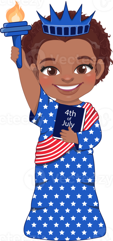 American African Girl Portrait Celebrating 4th Of July Independence Day with Costume, Statue of Liberty Cartoon png