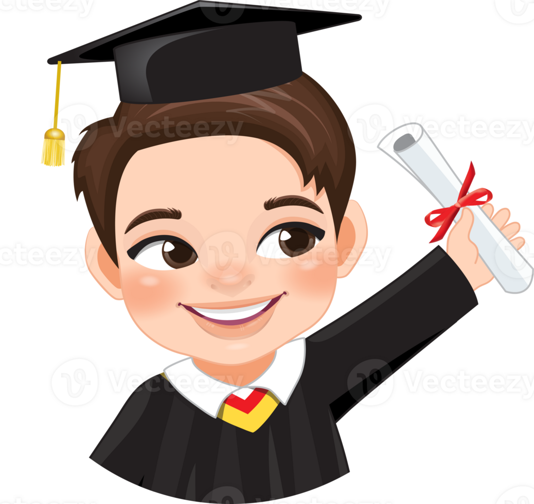 Boy holding diploma in academic gown for graduation day, Happy boy cartoon character for graduation day card template png