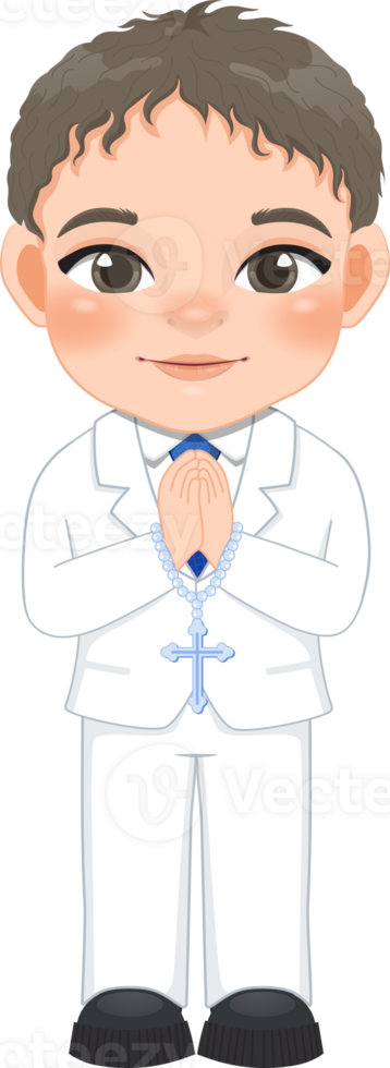 First communion boy praying has a rosary in his hand cartoon png