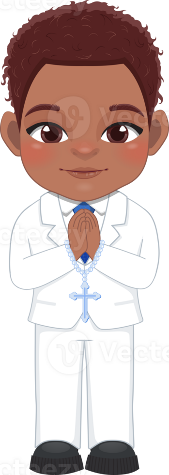 First communion American African boy praying has a rosary in his hand cartoon png