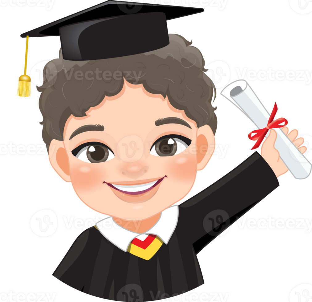 Boy holding diploma in academic gown for graduation day, Happy boy cartoon character for graduation day card template png