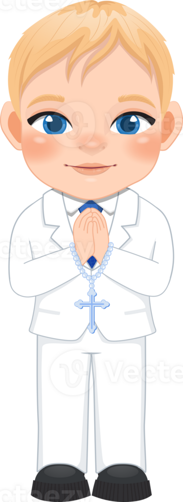 First communion boy praying has a rosary in his hand cartoon png