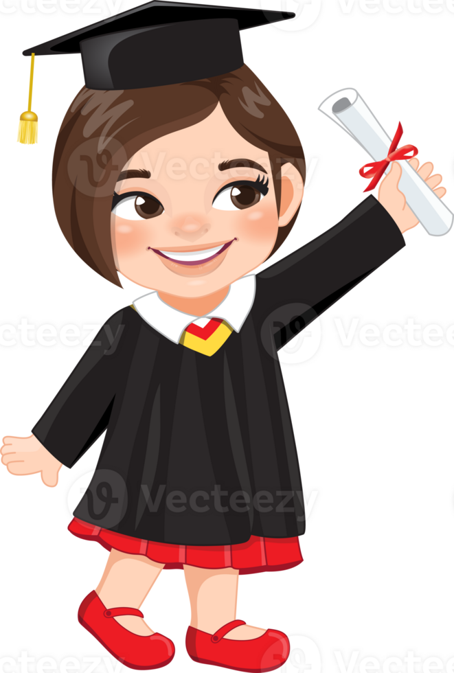 meisje Holding diploma in academisch japon voor diploma uitreiking dag, gelukkig meisje tekenfilm karakter voor diploma uitreiking dag kaart sjabloon png