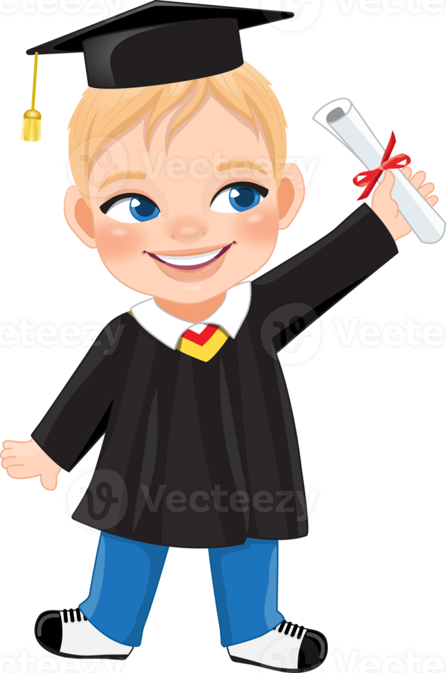 Boy holding diploma in academic gown for graduation day, Happy boy cartoon character for graduation day card template png