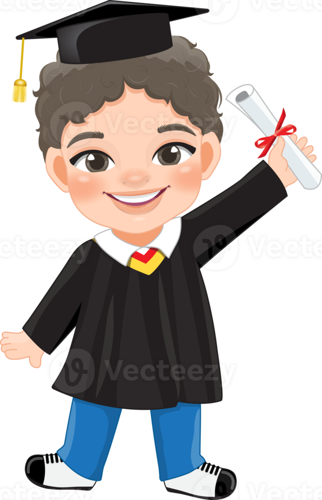 Boy holding diploma in academic gown for graduation day, Happy boy cartoon character for graduation day card template png