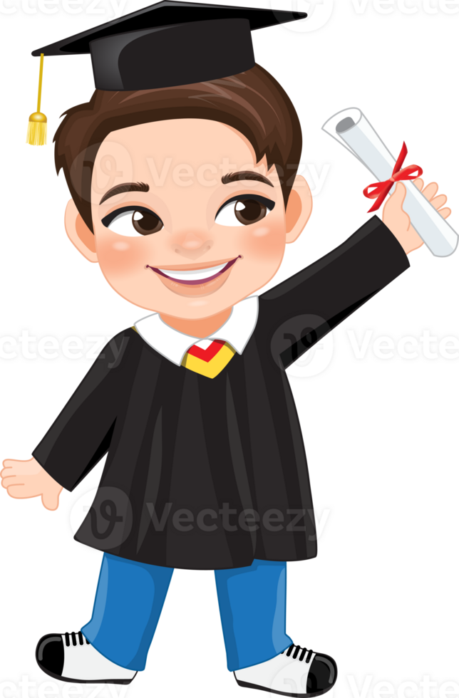 Boy holding diploma in academic gown for graduation day, Happy boy cartoon character for graduation day card template png