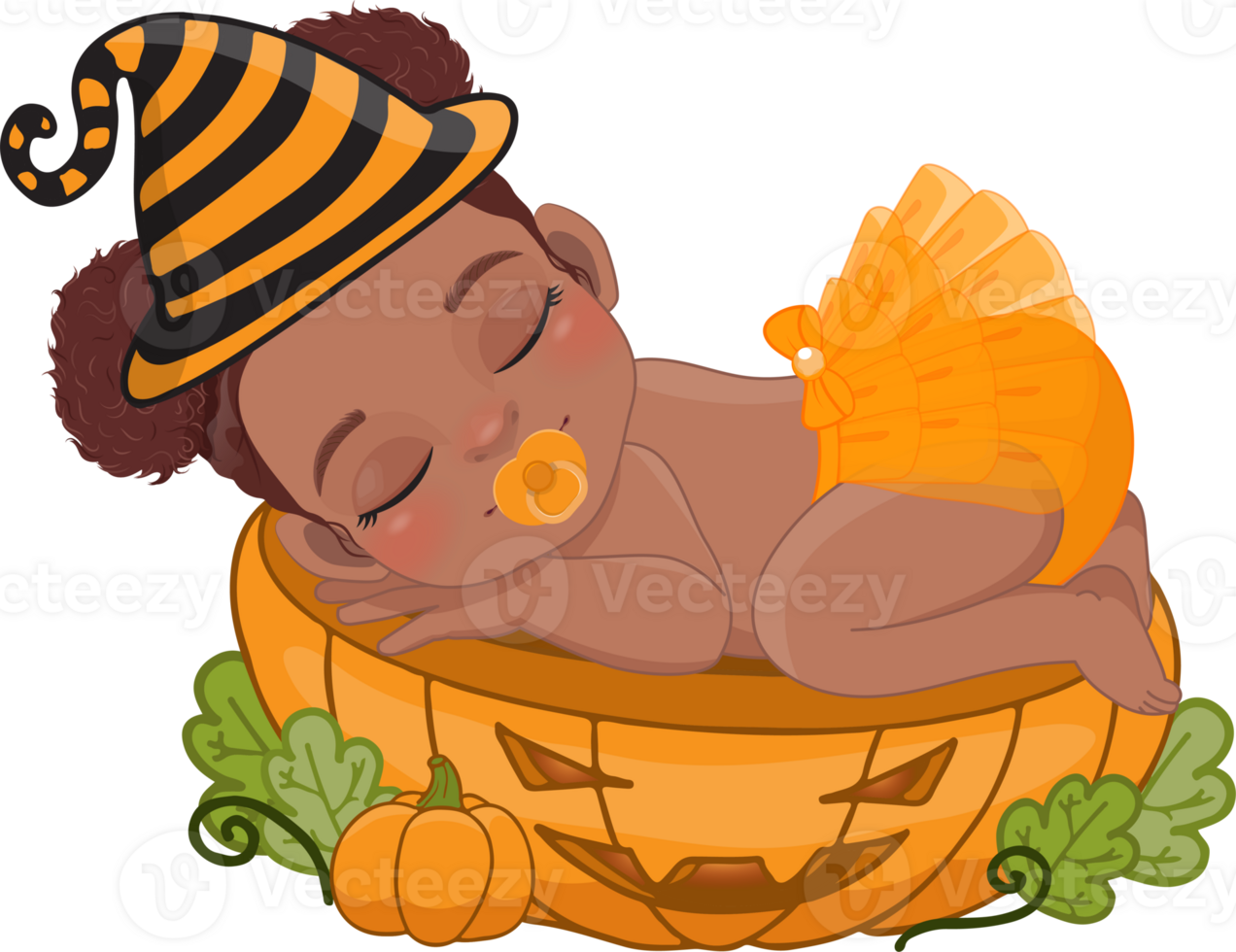 Cute American African girl sleeping on the pumpkin cut half in Halloween theme cartoon png