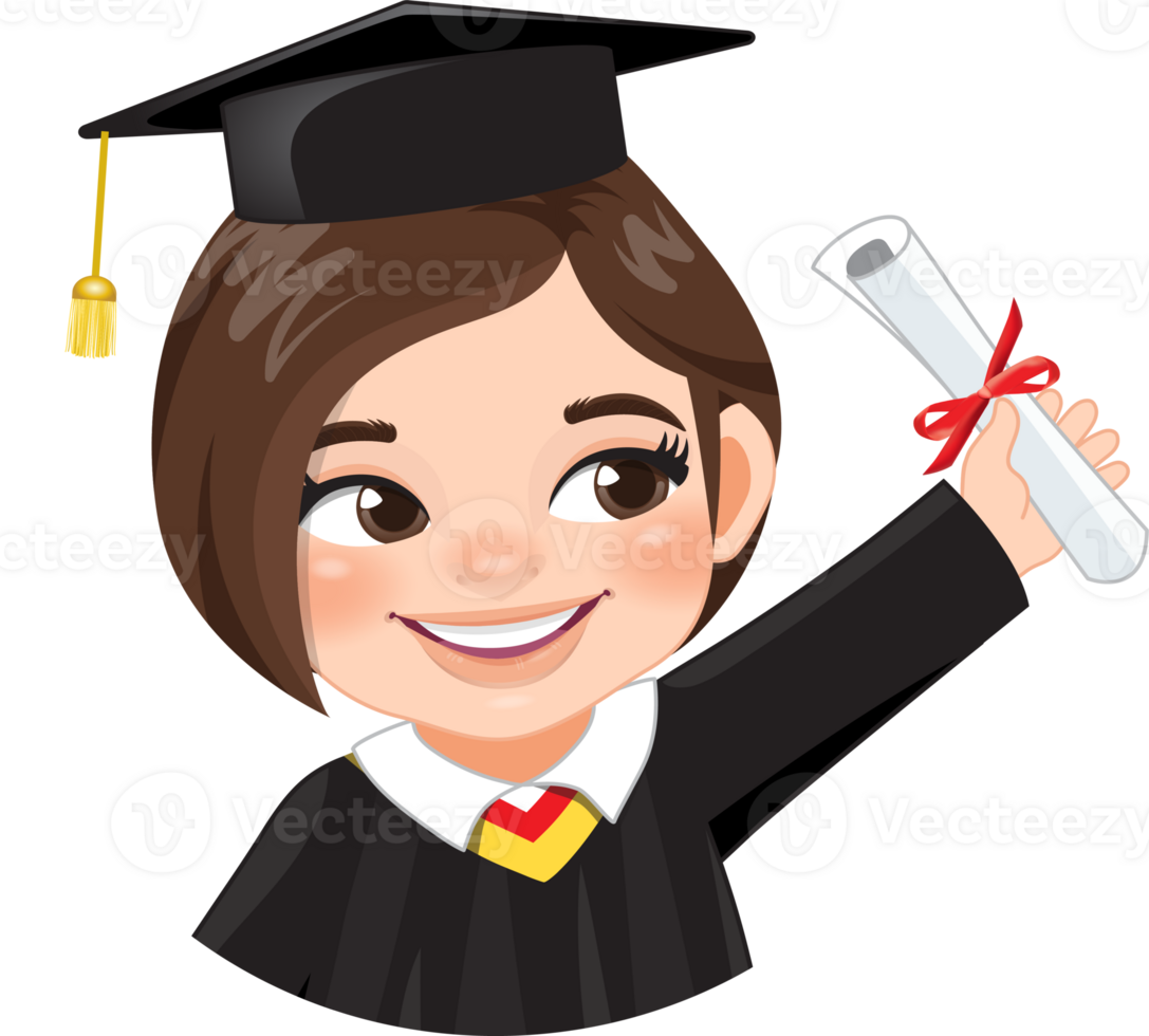 Girl holding diploma in academic gown for graduation day, Happy girl cartoon character for graduation day card template png