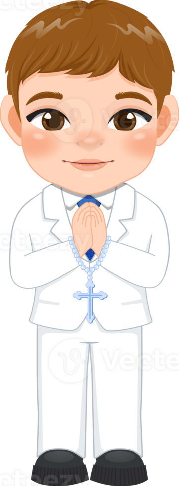 First communion boy praying has a rosary in his hand cartoon png