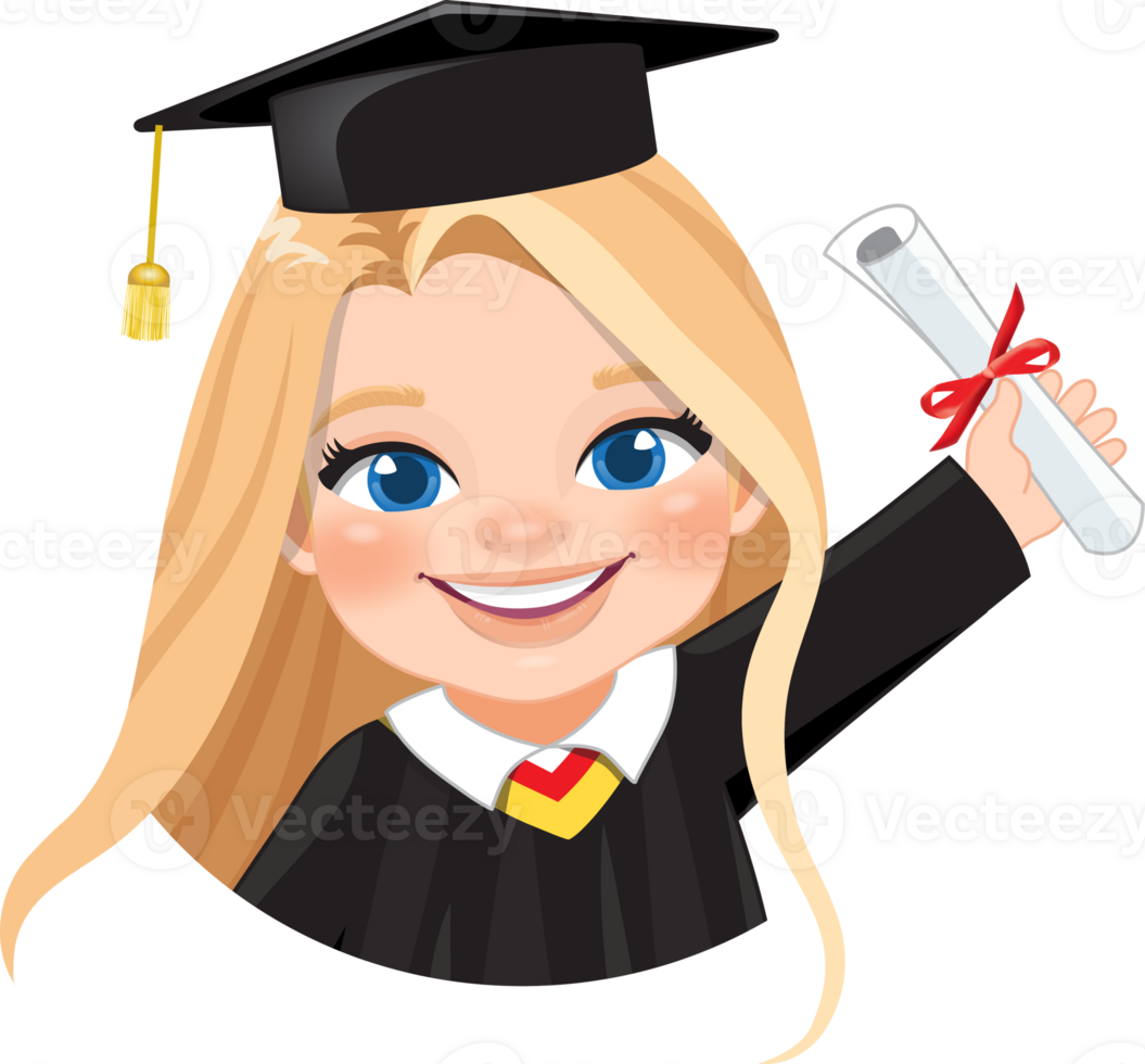 Girl holding diploma in academic gown for graduation day, Happy girl cartoon character for graduation day card template png