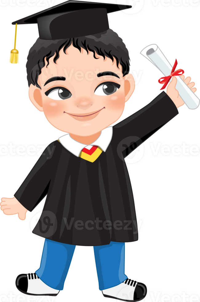 Boy holding diploma in academic gown for graduation day, Happy boy cartoon character for graduation day card template png