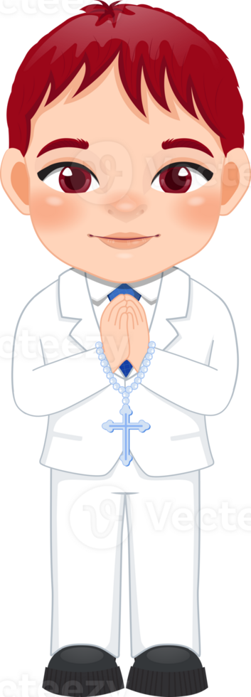 First communion boy praying has a rosary in his hand cartoon png