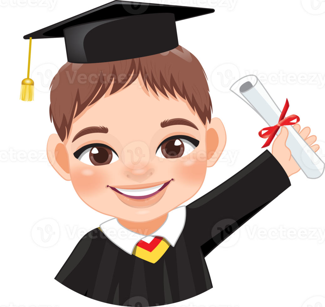 Boy holding diploma in academic gown for graduation day, Happy boy cartoon character for graduation day card template png