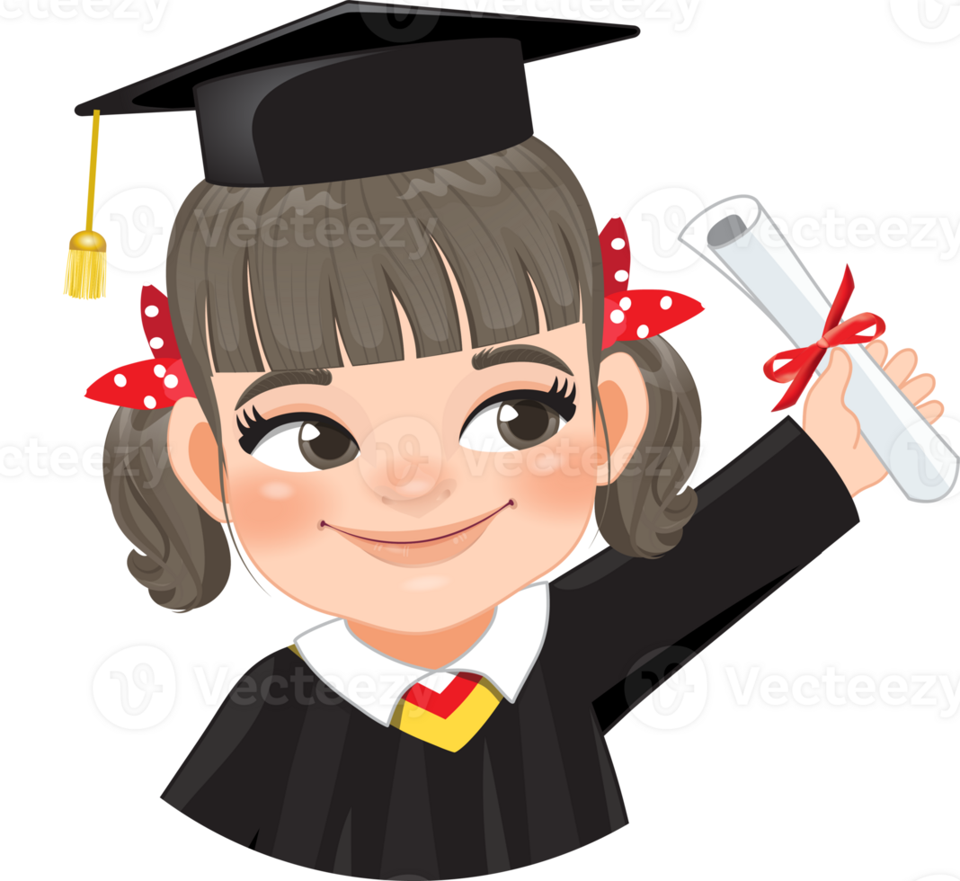 Girl holding diploma in academic gown for graduation day, Happy girl cartoon character for graduation day card template png