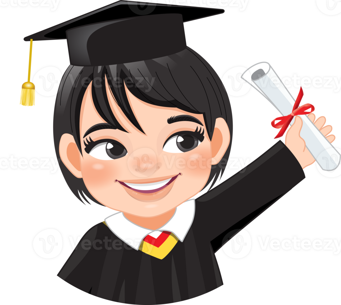Girl holding diploma in academic gown for graduation day, Happy girl cartoon character for graduation day card template png