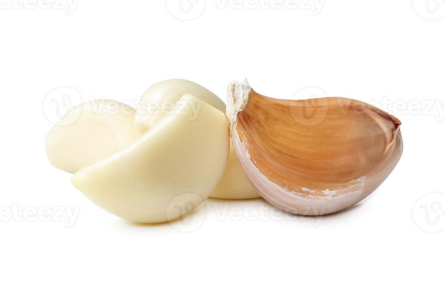 Peeled garlic cloves in stack isolated with clipping path and shadow in png file format