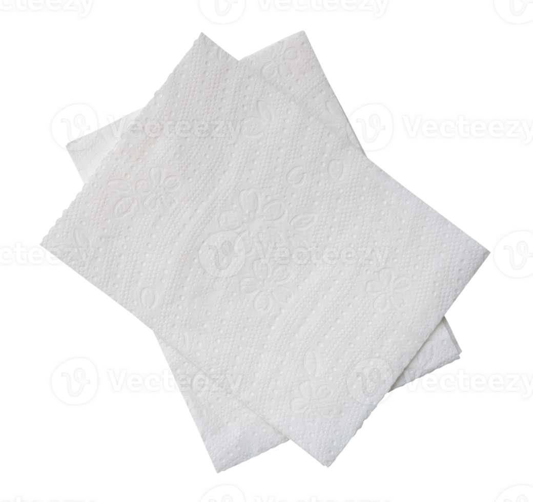 Top view of two folded pieces of white tissue paper or napkin in stack isolated with clipping path. in png file format