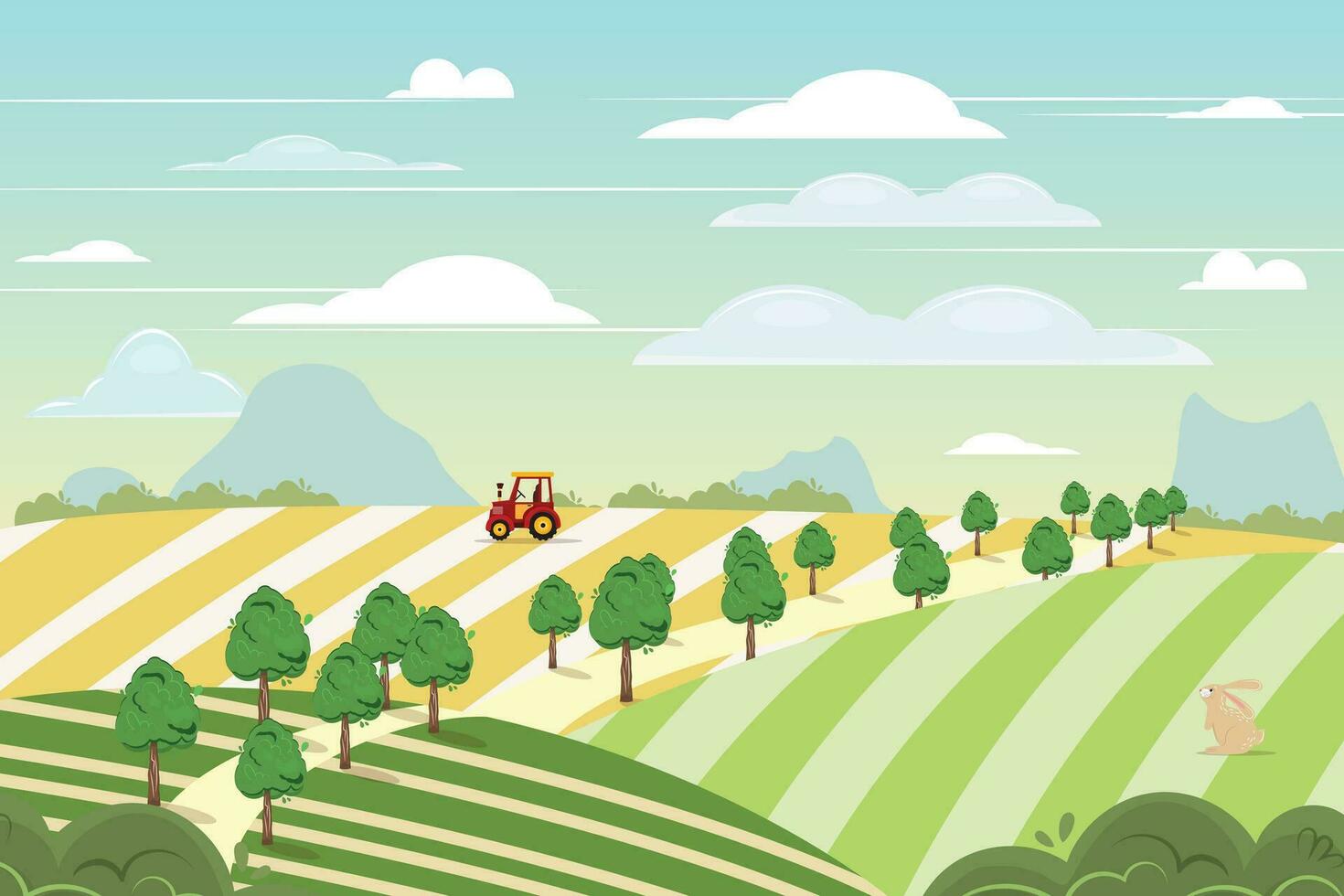 Beautiful flat cartoon illustration of a farmland with a red tractor and a cute bunny enjoying the summer sunrise. vector