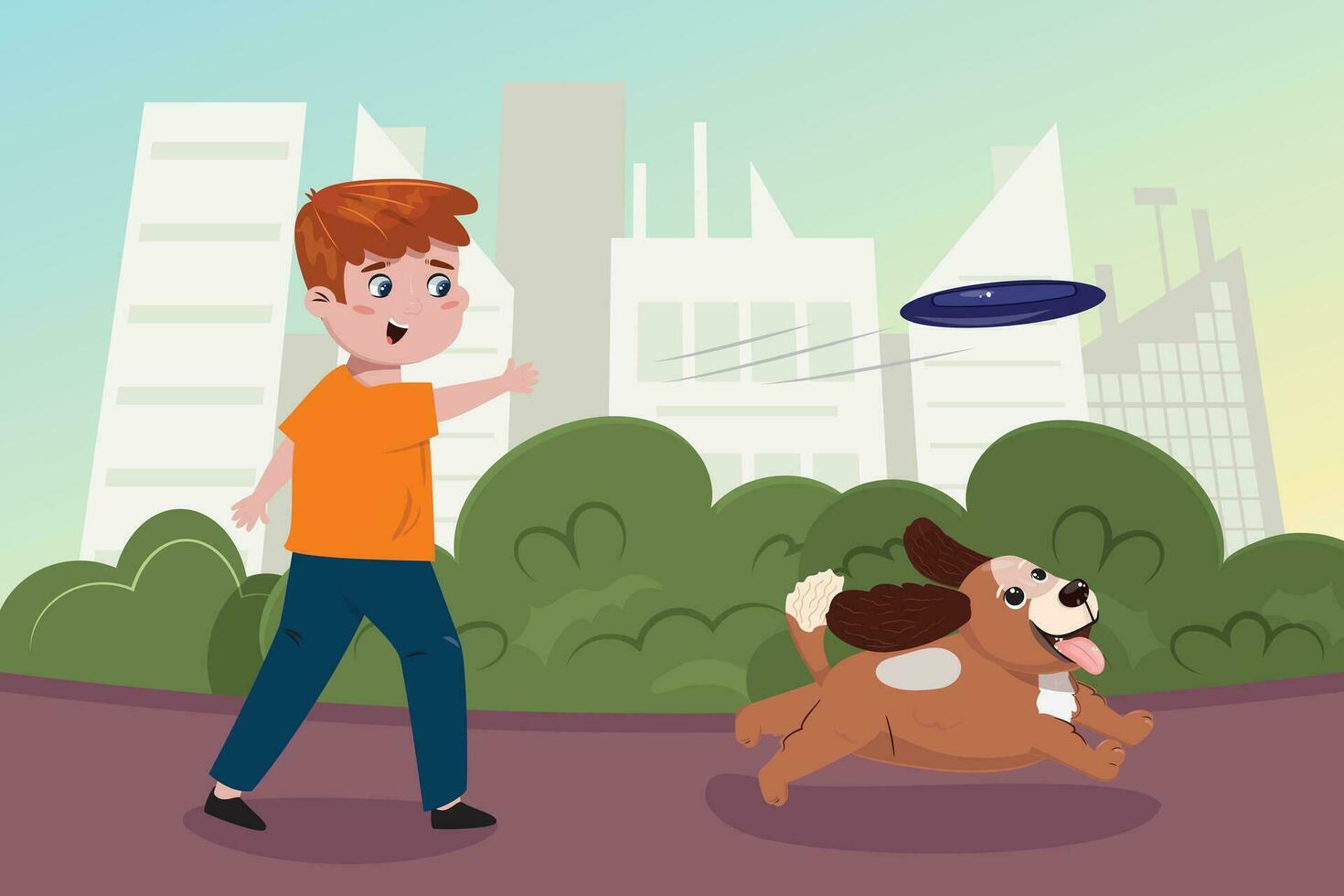 Flat cartoon illustration with a boy throwing a disk for the dog. Play time with a pet, care, family, friendship, fun concept illustration with a child and a puppy. vector